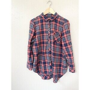 J. Jill Denim Flannel Button Up Shirt Plaid Lightweight Tunic Shirt Soft Medium